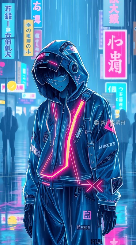 霓虹雨夜未来都市中的神秘人物