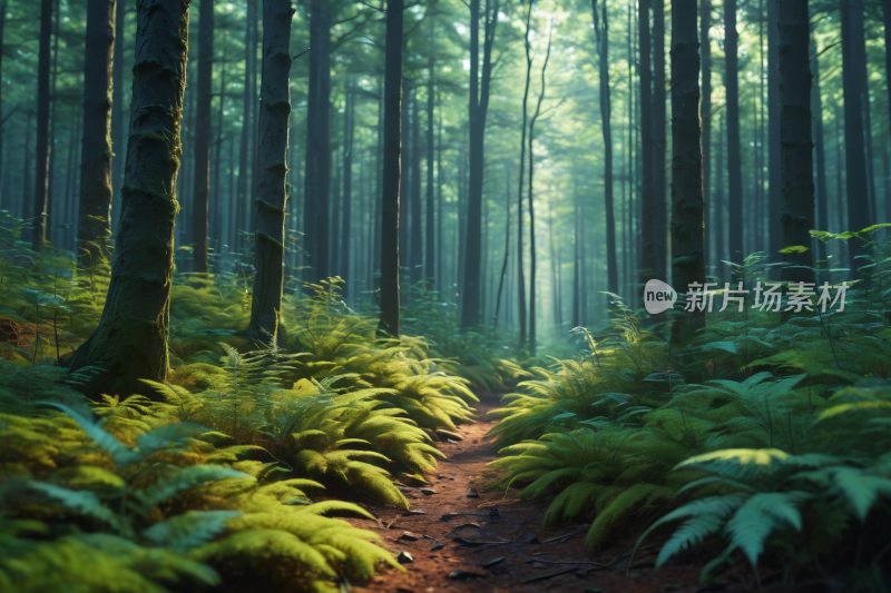 树林里一条小路地面上有蕨类植物风景图片