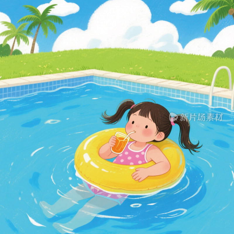 夏天节气游泳池女孩手绘插画