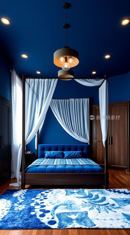 蓝色卧室优雅床铺温馨氛围