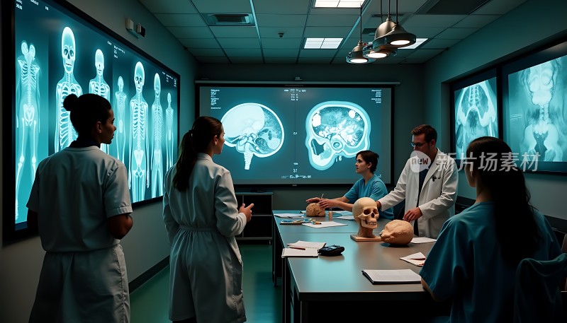 医学团队在会议室讨论大脑X光片