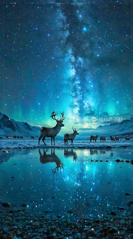 夜空下的麋鹿群星河倒影