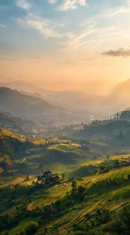 梯田晨曦阳光洒满山谷