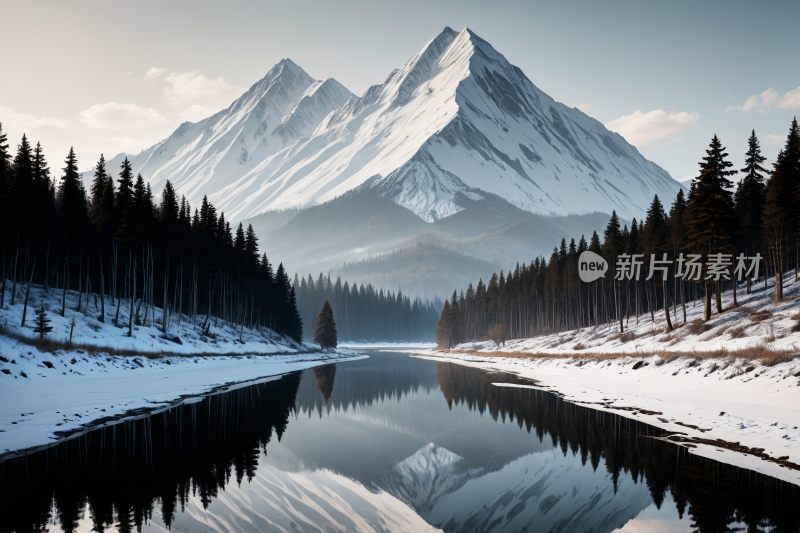 山倒映在雪景中部的湖泊中高清风景插画图片