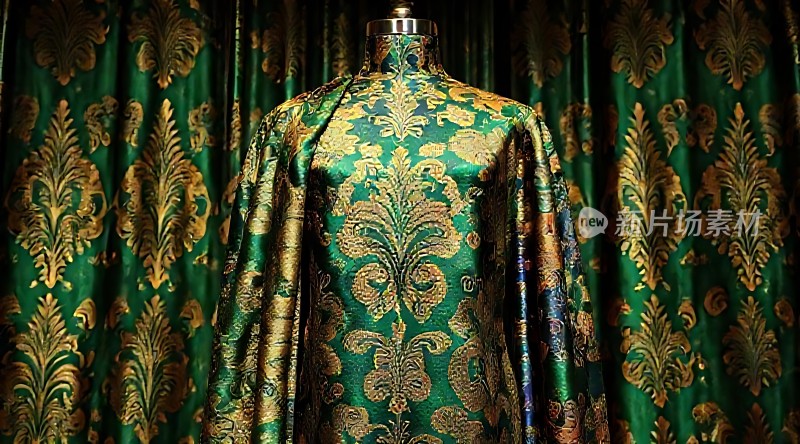 绿色金色花纹华丽布料展示