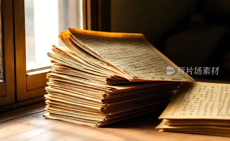 阳光下的古老文献堆叠