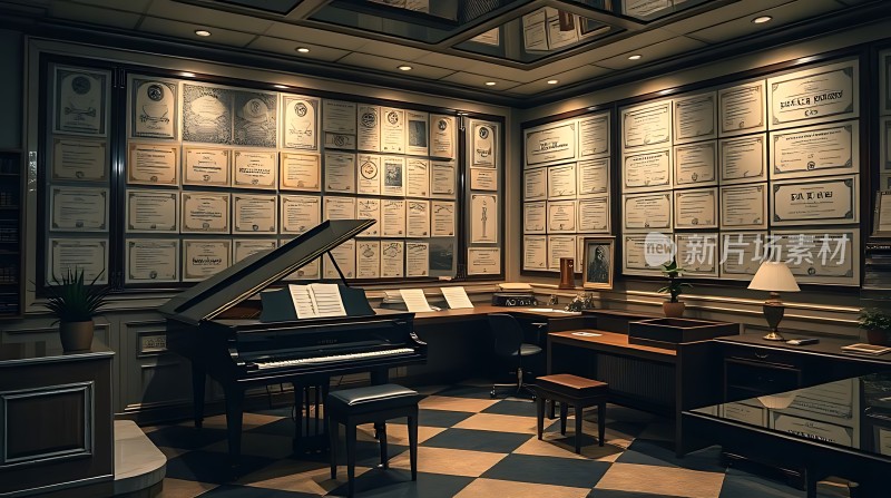钢琴与证书墙的优雅空间