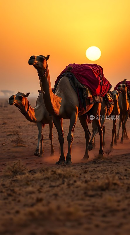 驼队日落沙漠行