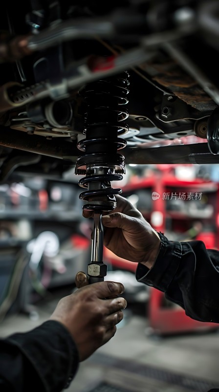 修车工人的双手在调整汽车悬挂系统