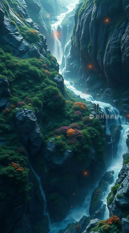 峡谷飞瀑神秘之光
