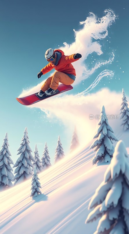 雪地滑板飞跃瞬间