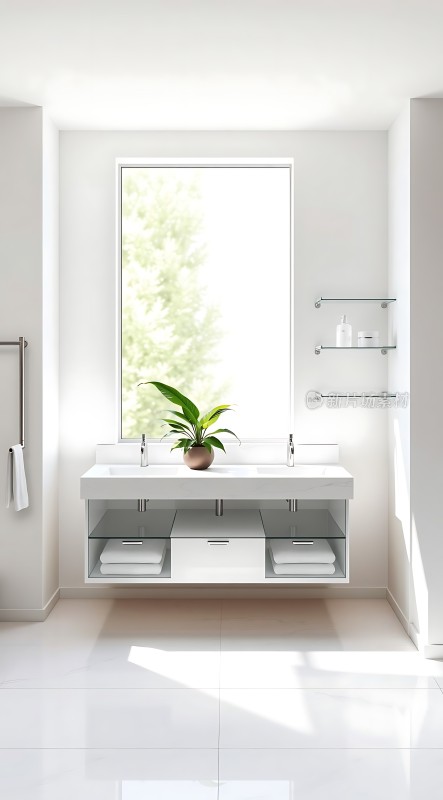 明亮浴室双水槽设计简约风格自然光线充足绿植点缀