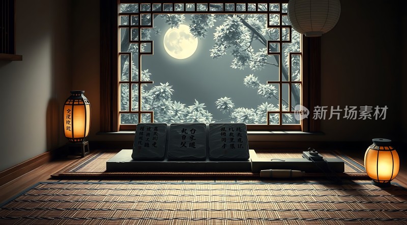 古风室内月光照石