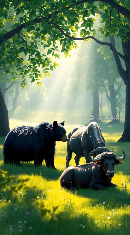 阳光下的森林和谐共处