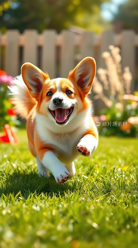 快乐柯基在阳光下奔跑