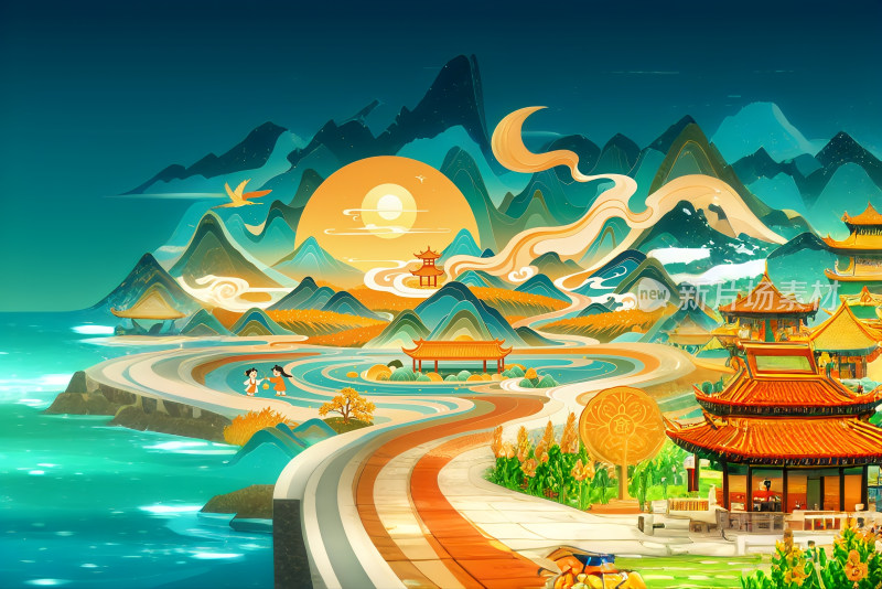 中秋节月饼创意国风插画