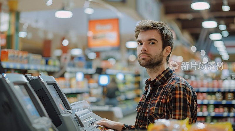 新片场素材 男子在自助结账台前