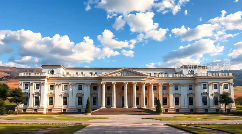 宏伟宫殿蓝天白云映衬下的壮丽建筑