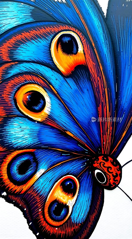 蓝色蝴蝶翅膀上的橙色眼睛图案