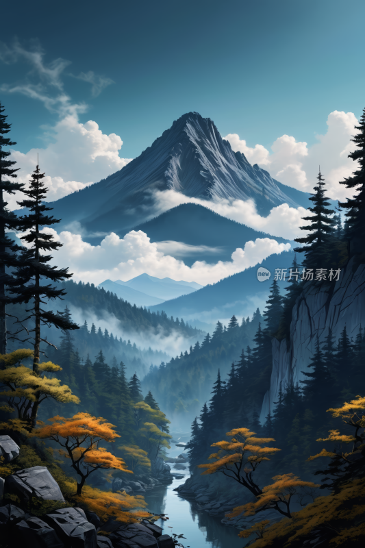 一座山前景是河流树木高清风景插图片