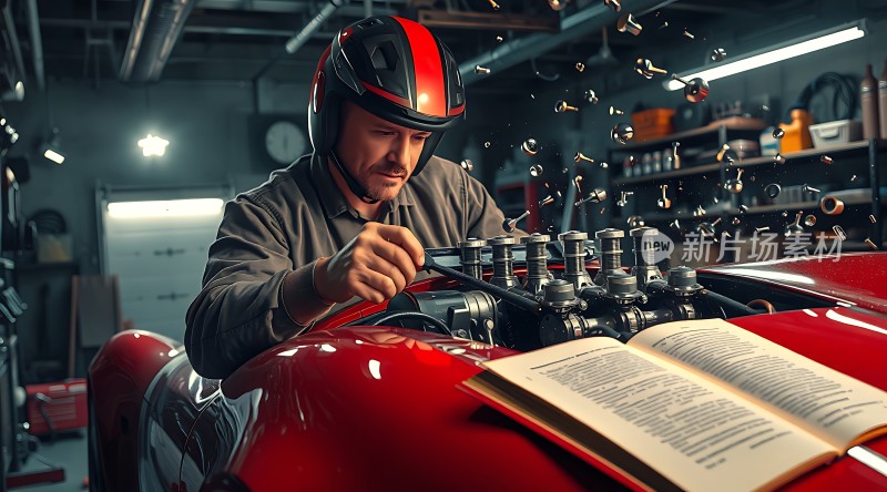 机械师专注检修红色跑车
