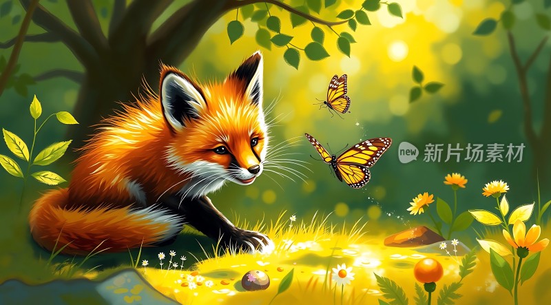 阳光下的森林小狐狸与蝴蝶