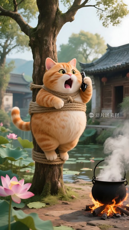 树上的橘猫打电话