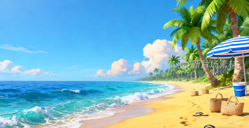 海边沙滩清新插画背景壁纸