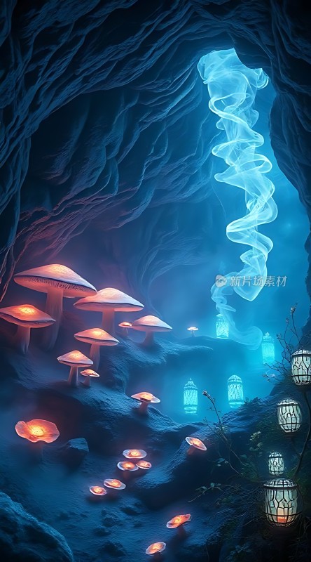 神秘洞穴中的发光蘑菇与灯笼