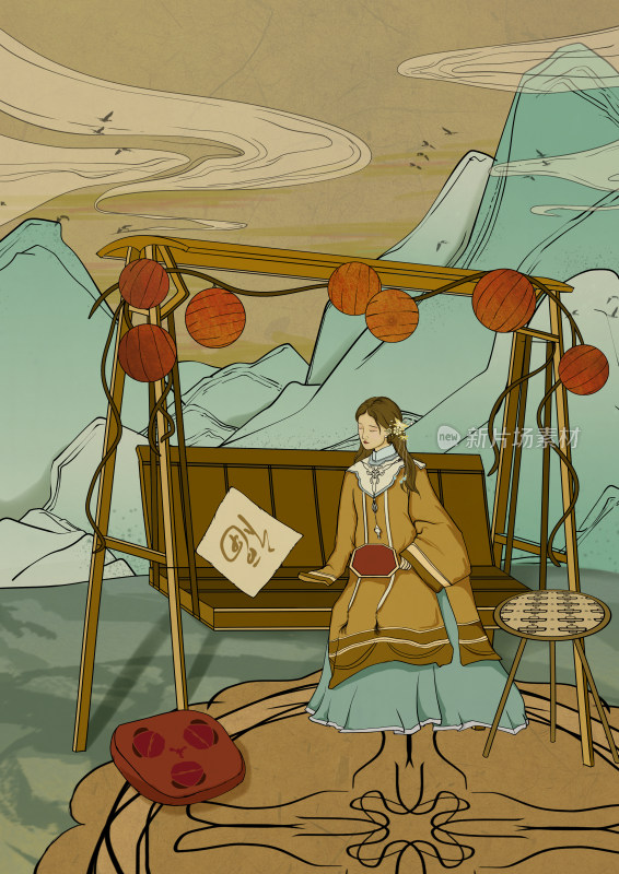 坐在摇椅上的古风少女