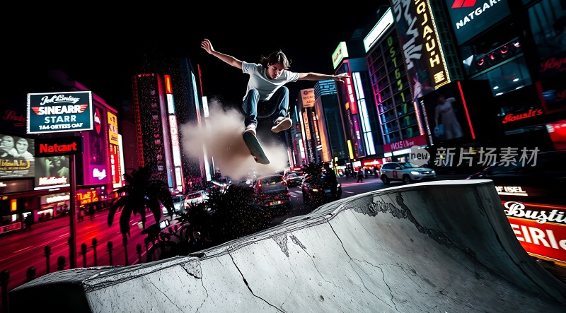 滑板少年飞跃夜色霓虹