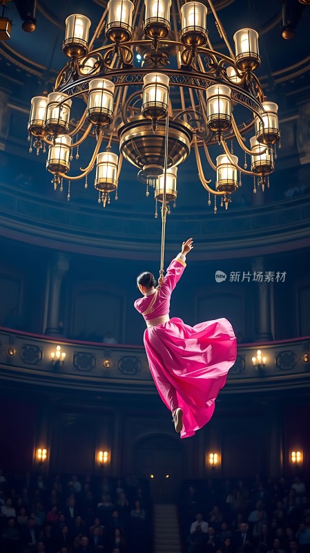 粉色舞裙空中旋转华丽吊灯下观众注视