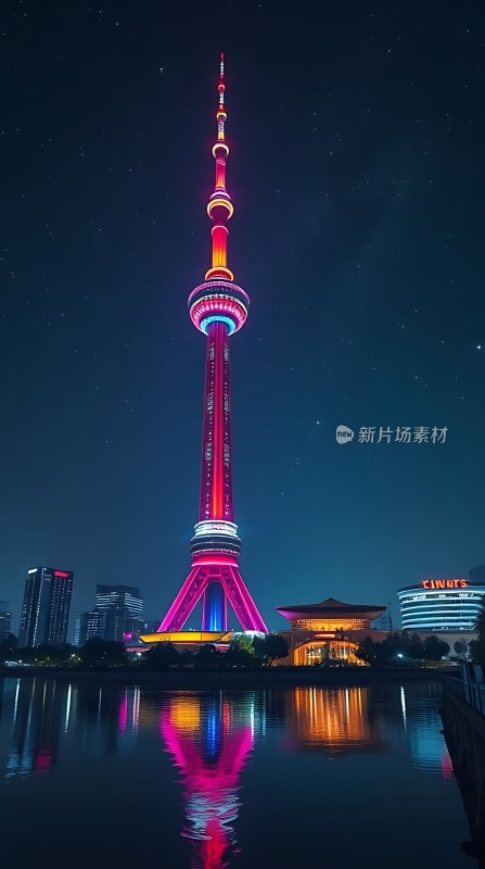 东方明珠夜色璀璨灯光倒影迷人