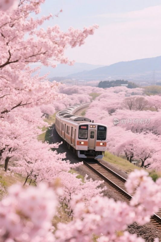 樱花铁轨列车风光