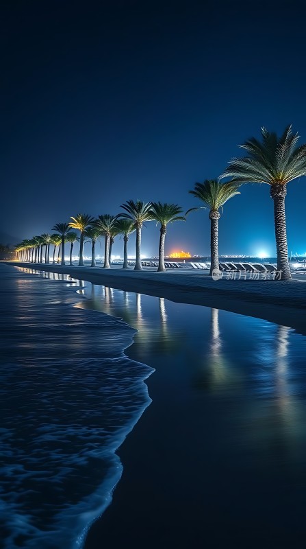 椰林夜色海浪轻拍沙滩