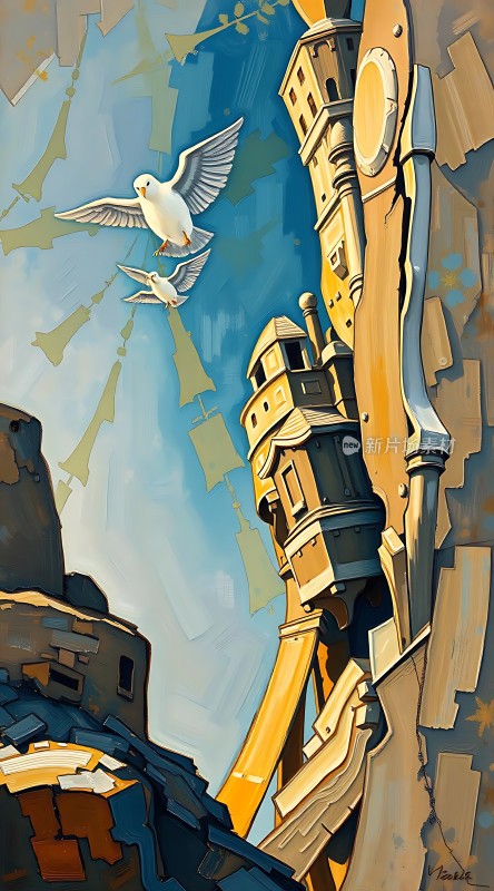 飞翔的海鸥与古老建筑