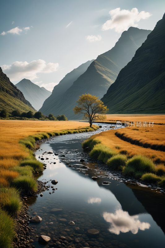 一条小溪流过一片草地高清风景图片