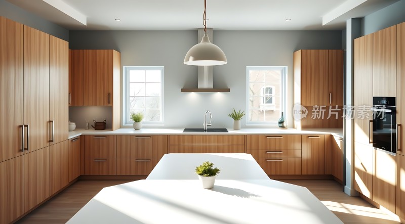 现代厨房设计木质橱柜与白色台面相得益彰