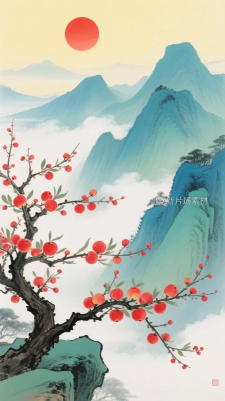 红梅映日山水图