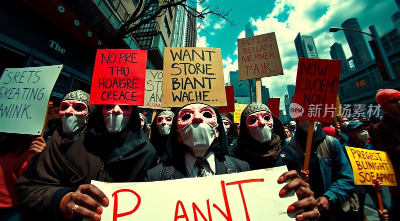 面具抗议者高举标语牌呼吁关注社会问题