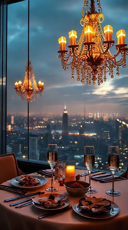 城市夜景下的浪漫晚餐