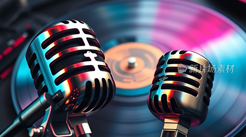 复古麦克风与黑胶唱片
