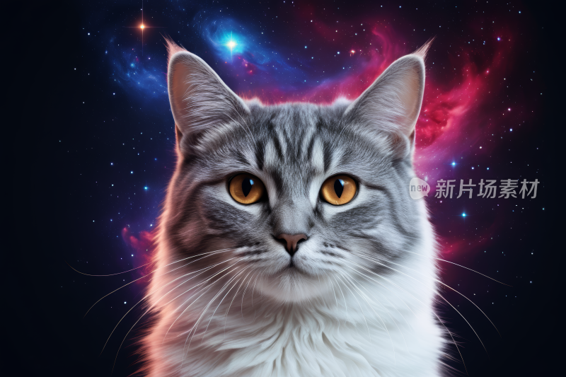 一只猫正在用太空背景看着相机高清图片