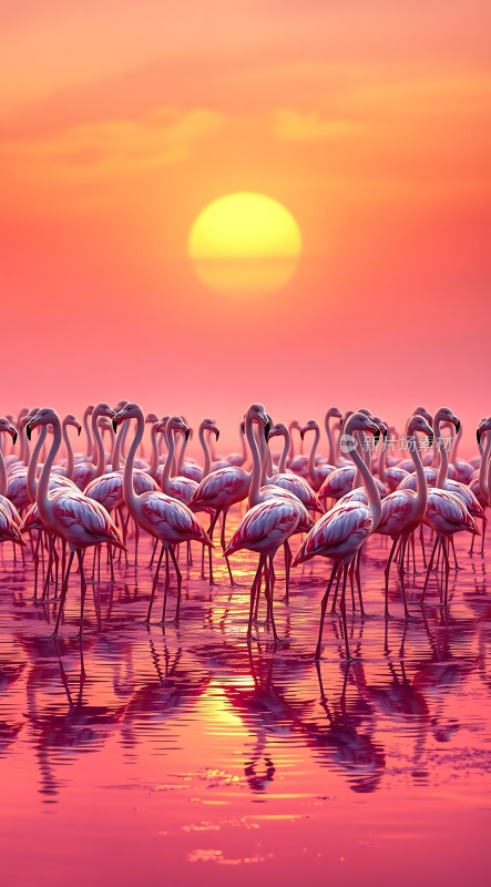 火红夕阳映照下粉红火烈鸟群在水面上优雅起舞