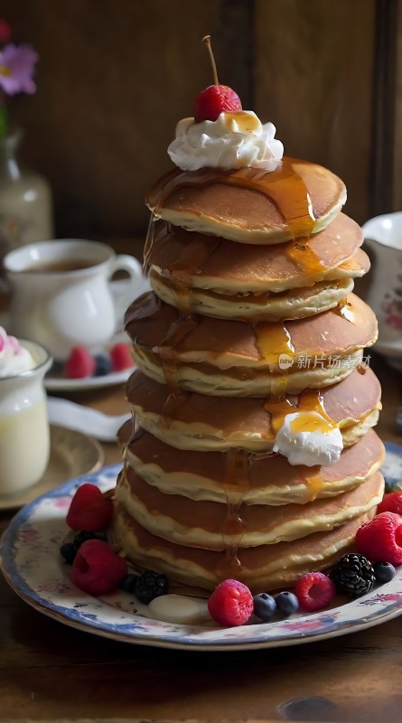 美味煎饼塔顶部装饰樱桃和奶油淋上糖浆底部配有新鲜莓果