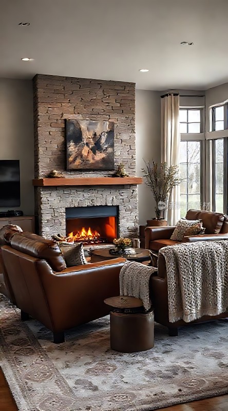 温馨壁炉客厅舒适沙发与温暖氛围