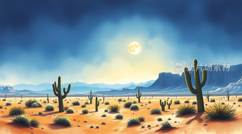 沙漠月光下的仙人掌世界