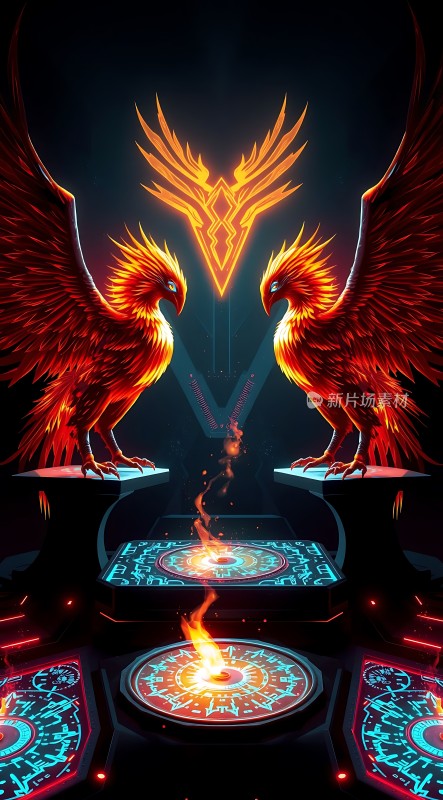 双翼神鸟对峙火焰图案环绕科技感十足的场景