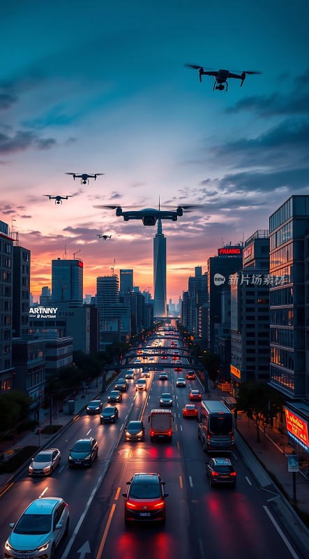 未来之城无人机与车流共舞