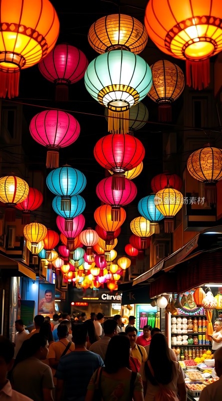 夜市灯笼下的繁华街景